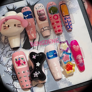 Vintage Kitty Phone – Y2K Candy-Colored Babe Extra-Long Press-On Nails, Hand-Painted Design